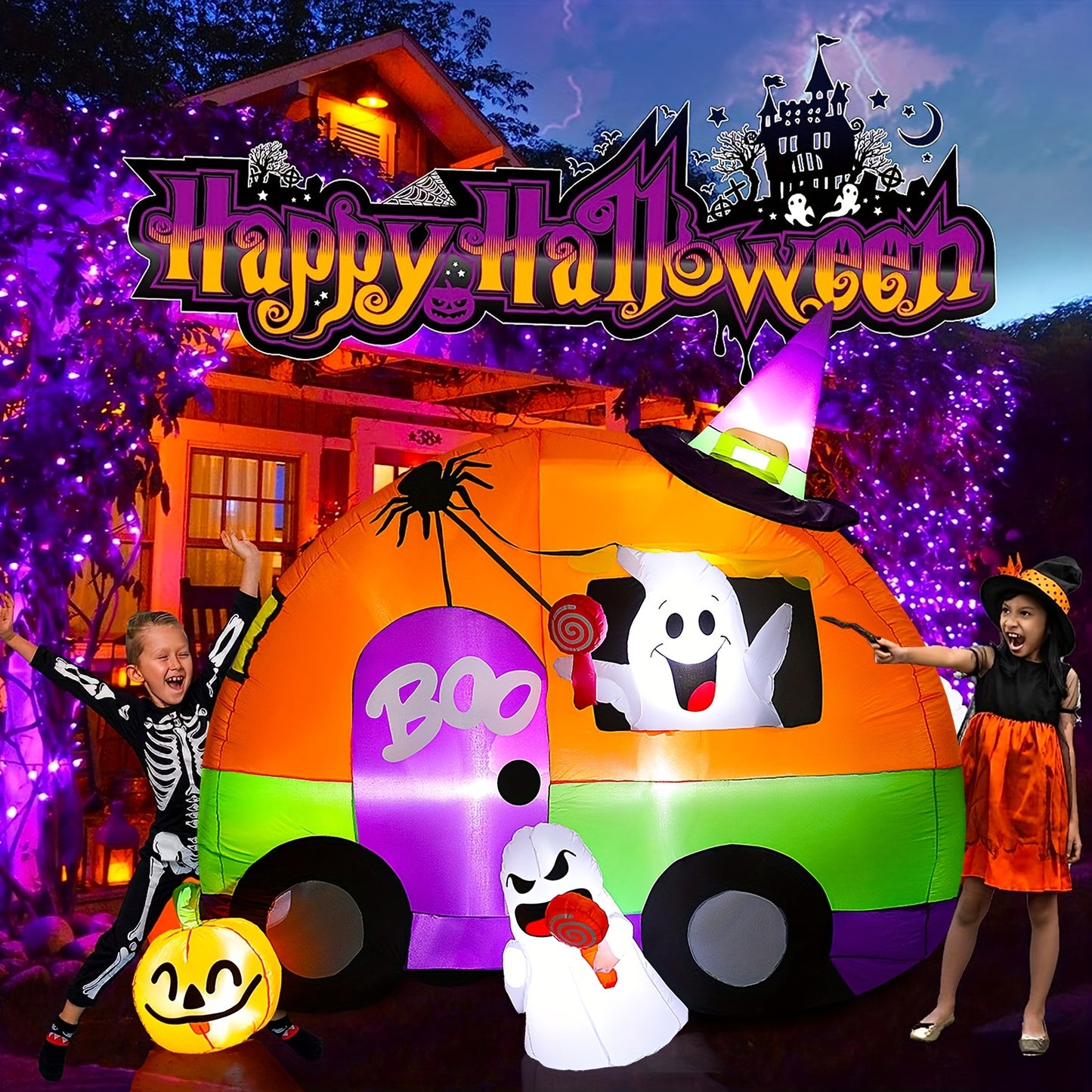 Halloween Inflatable Yard Decorations, 6Ft Tall Blow Up Ghost Bus With Spider, Pumpkin, Witch Hat, Light Up Holiday Inflatables Decorations For Indoor Outdoor, Party, Garden, Lawn