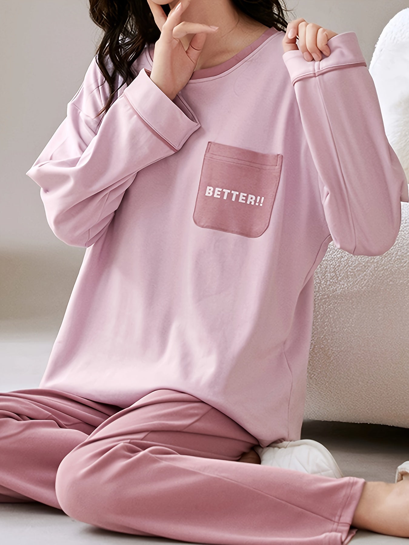 Colorblock Letter Print Pajama Set, Cozy Long Sleeve Round Neck Top & Elastic Pants, Women's Sleepwear & Loungewear