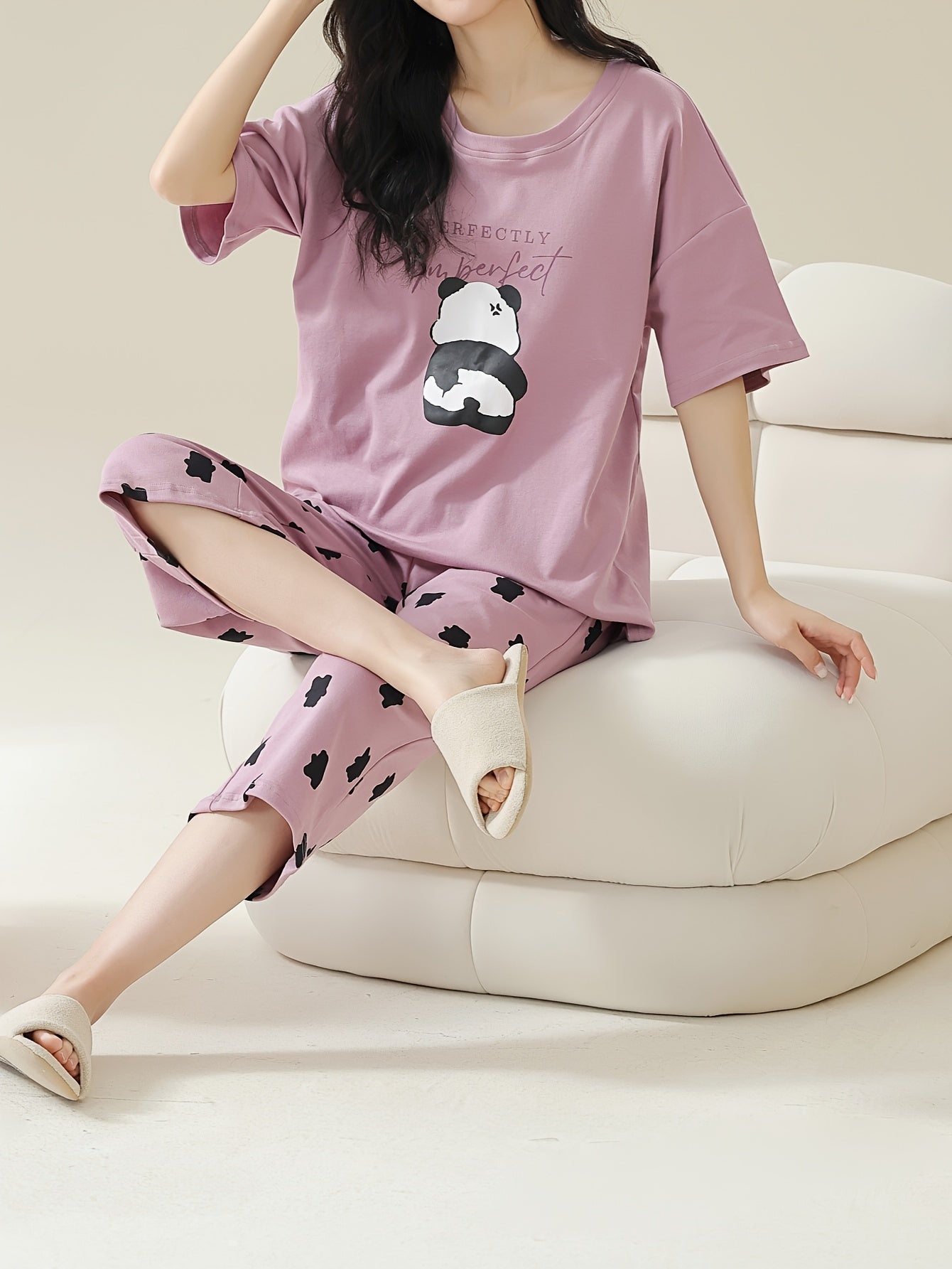 Women's Cute Panda & Polka Dot Print Loose Fit Pajama Set, Drop Shoulder Short Sleeve Round Neck Padded Top & Capri Pants, Comfortable Relaxed Fit