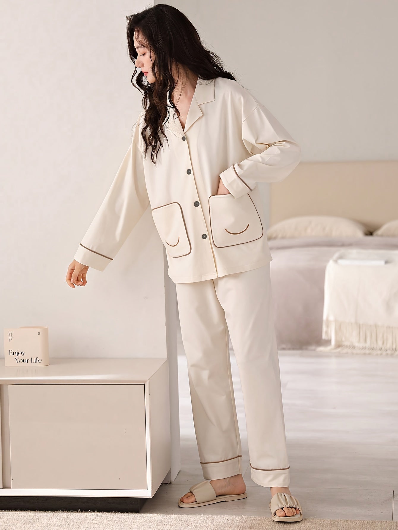 Women's Casual Solid Loose Fit Pajama Set, Long Sleeve Buttons Lapel Pocketed Top & Pants, Comfortable Relaxed Fit, Summer Nightwear