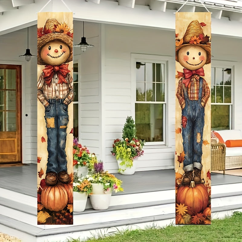 Autumn Scarecrow & Harvest Welcome Banner Set - Durable Polyester, 12x70 Inches, Perfect for Fall Outdoor Decor