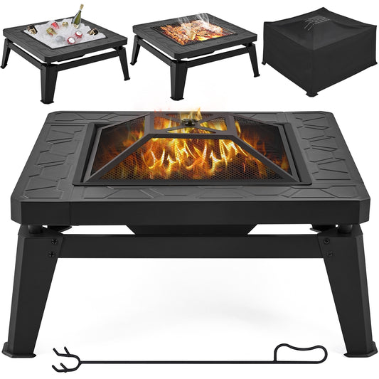 Costoffs Outdoor Large Square Fire Pit with Log Grate and Rain Cover Mecha Design Wood Burning Fireplace with Poker