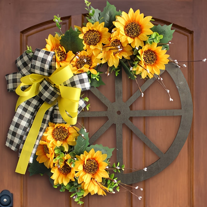 Autumn Sunflower Wheel Wreath - Perfect for Fall, Thanksgiving & Harvest Season Decor | Artificial Floral Garland for Outdoor Festivities & Window Display