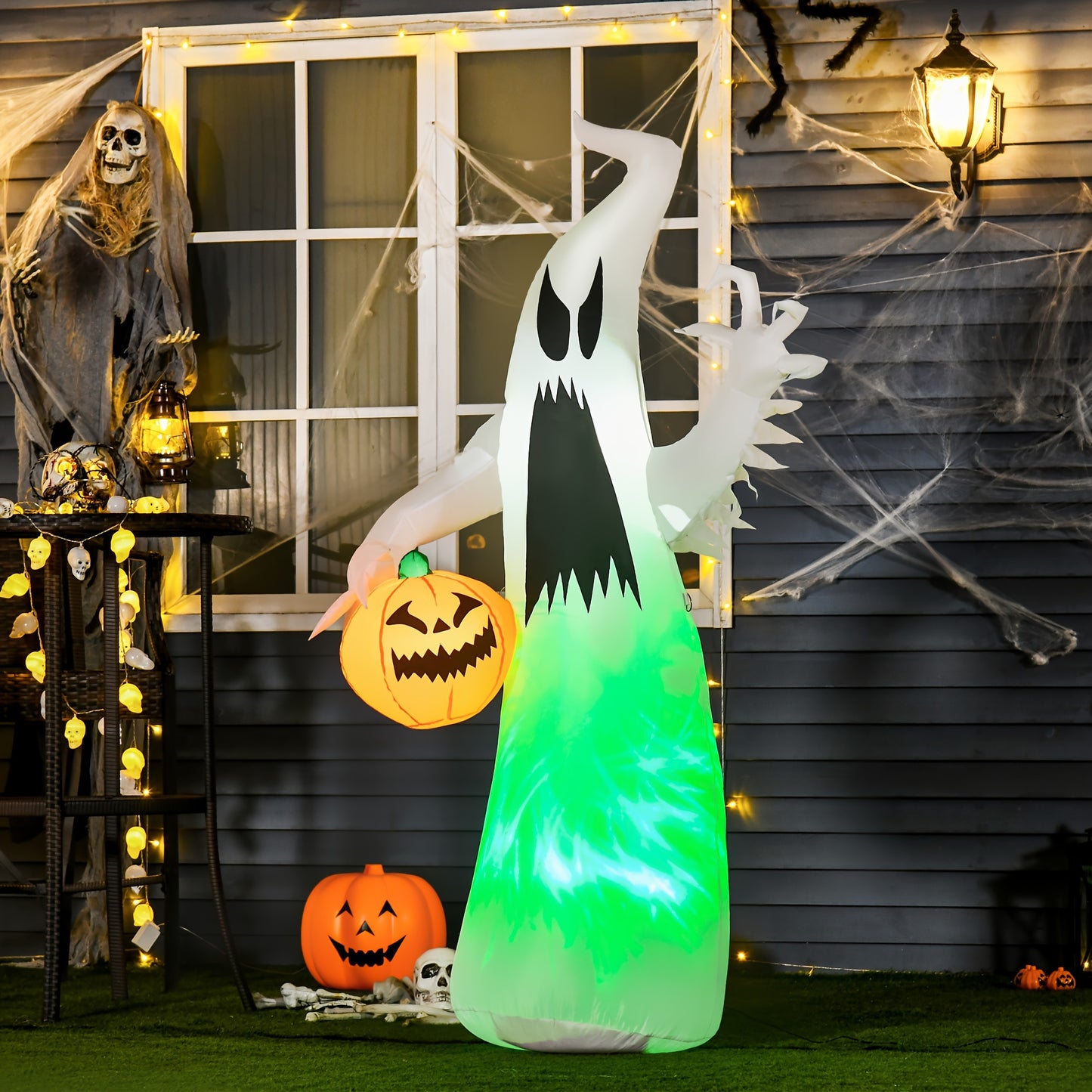 HOMCOM 5.9FT Halloween Inflatable Ghost With Pumpkin Lighted Yard Decoration Indoor Outdoor For Garden Party Holiday