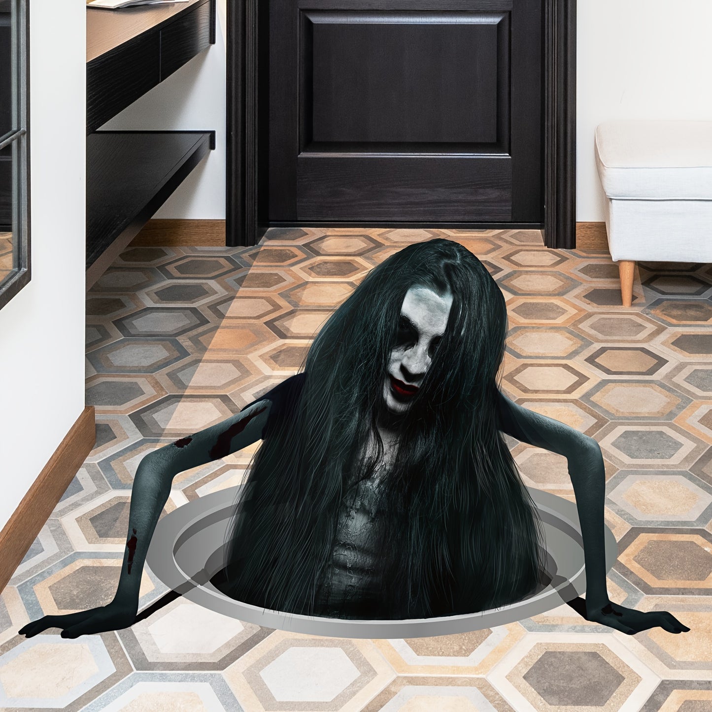 Halloween Floor Decal with Scary Long-Haired Woman Graphic – PVC, Non-Feathered, General Fit for Festive Home Decor, No Electricity Required