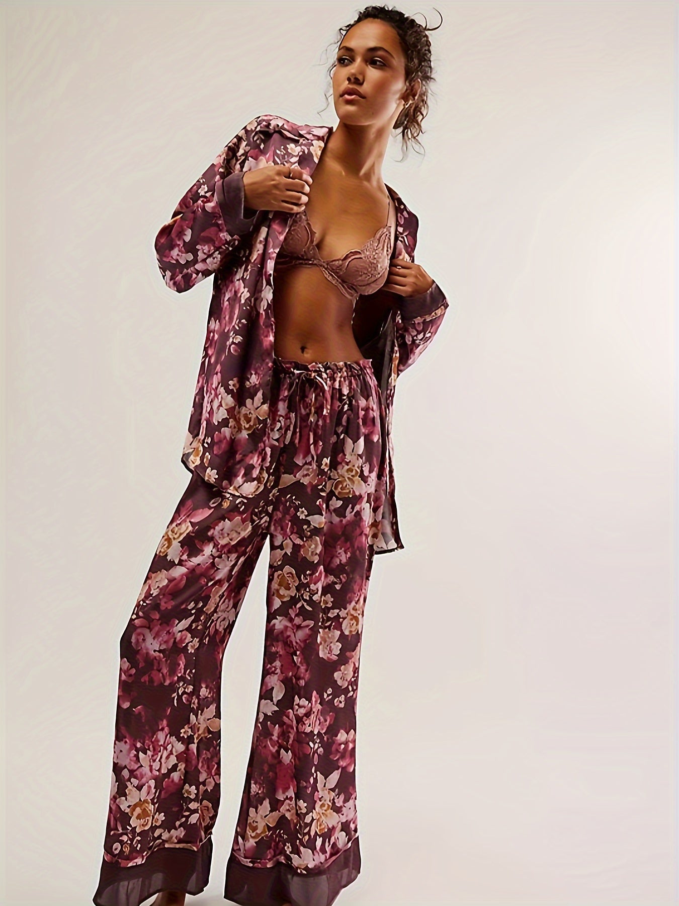 Womens Y2k Silk Pajama Sets Floral Print Long Sleeve Button Down Shirts Wide Leg Pants 2 Piece Lounge Sets