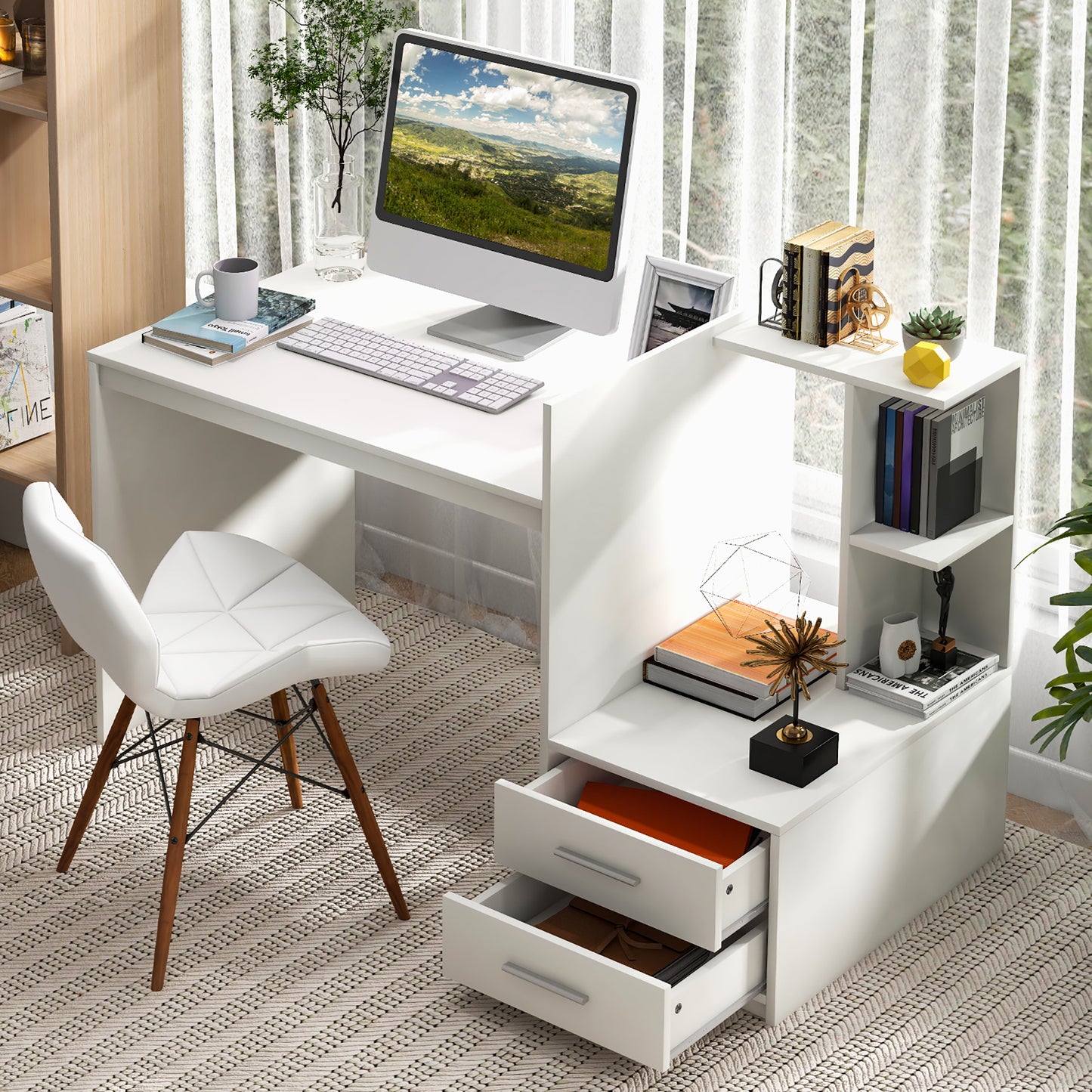 White Desk 55 Inch Long Home Office Desk L Shaped Corner Computer Desk with 3 Drawers and 2 Shelfs & Monitor Stand