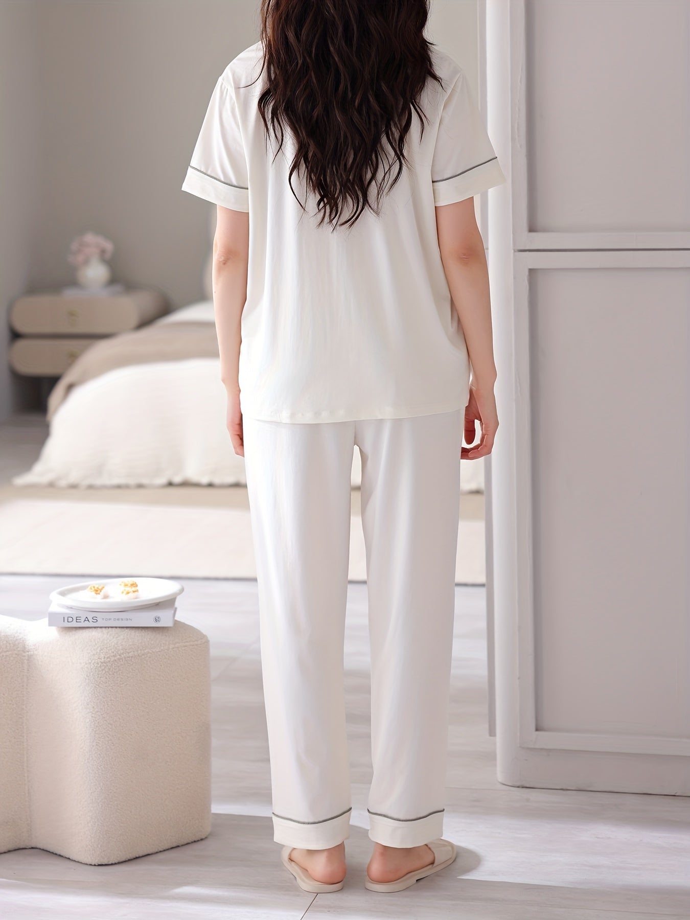 Women's Casual Solid Pajama Set, Short Sleeve Buttons Lapel Top & Pants With Pockets, Comfortable Relaxed Fit