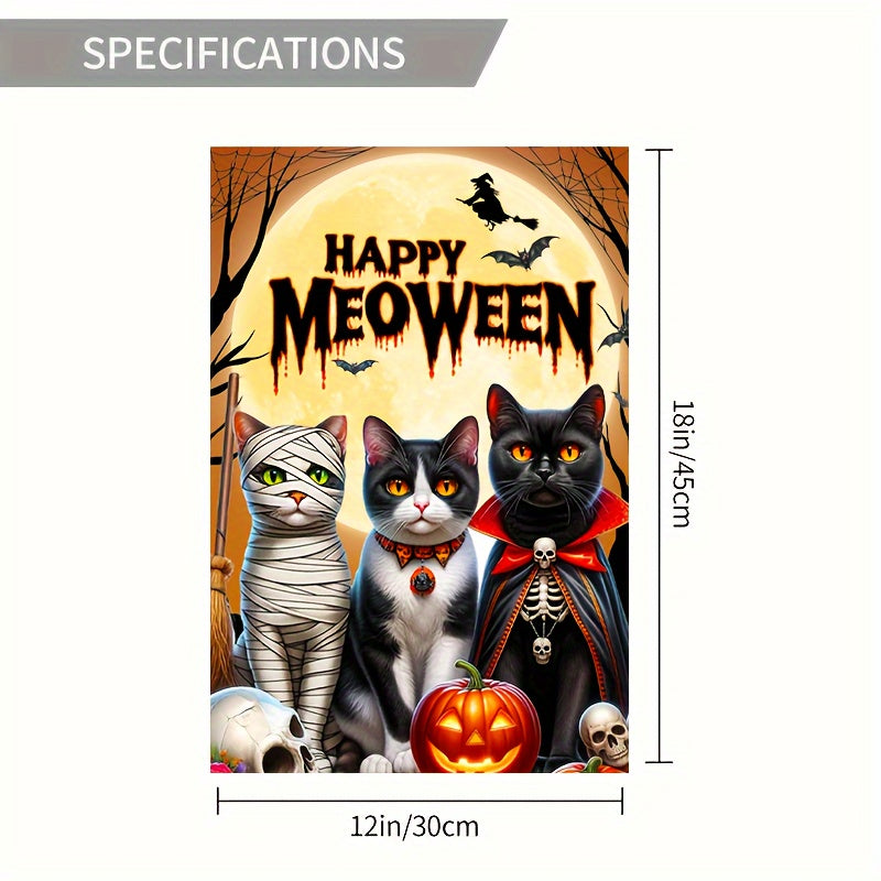 Spooky Halloween Cat Banner with Mummy, Vampire & Witch - Versatile Indoor/Outdoor Decor for Garden & Patio