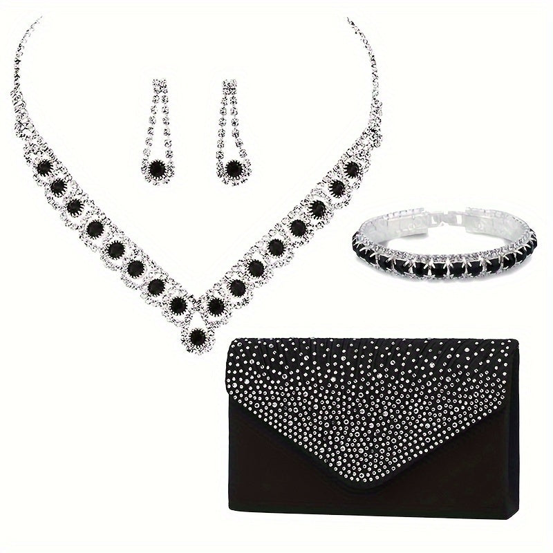 Fashion Ladies Evening Set Includes A Handbag, Two Rhinestone Earrings, A Necklace, Elegant And Luxurious Evening Clutch Bag With Rhinestones, Suitable For Party.