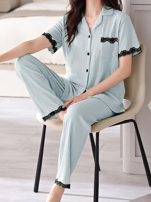 Women's Elegant Solid Jacquard Lace Trim Pajama Set, Short Sleeve Buttons Lapel Top & Pants, Comfortable Relaxed Fit