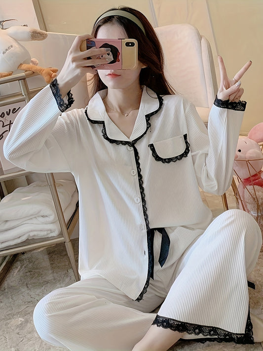 Women's Elegant Solid Ribbed Lace Trim Pajama Set, Long Sleeve Buttons Lapel Top & Pants, Comfortable Relaxed Fit For Fall