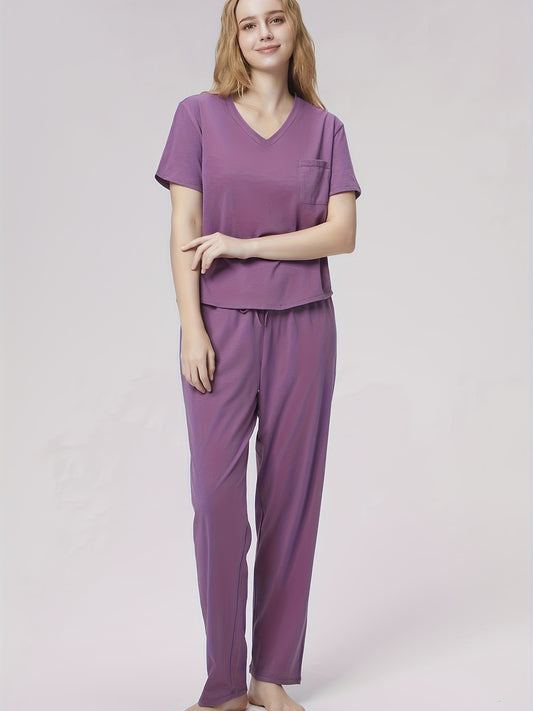 SIORO Womens casual Pajamas Set Short Sleeve Sleepwear V-neck Tops Loungewear Nightwear with Long Pants