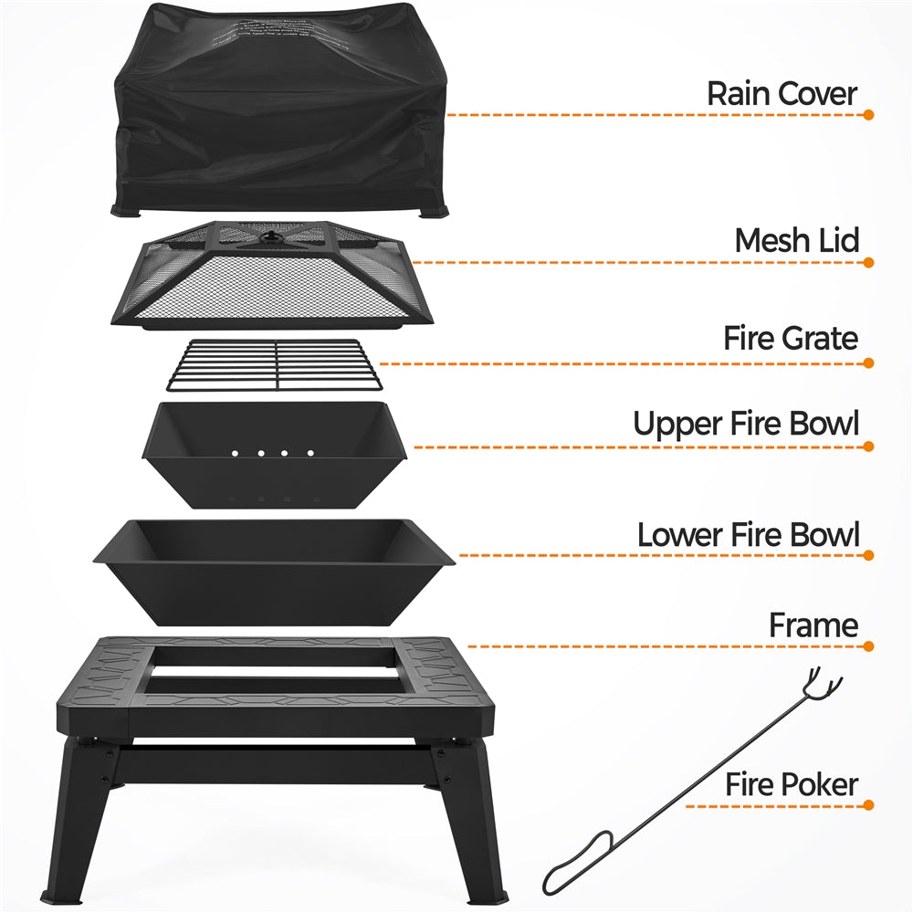 Costoffs Outdoor Large Square Fire Pit with Log Grate and Rain Cover Mecha Design Wood Burning Fireplace with Poker