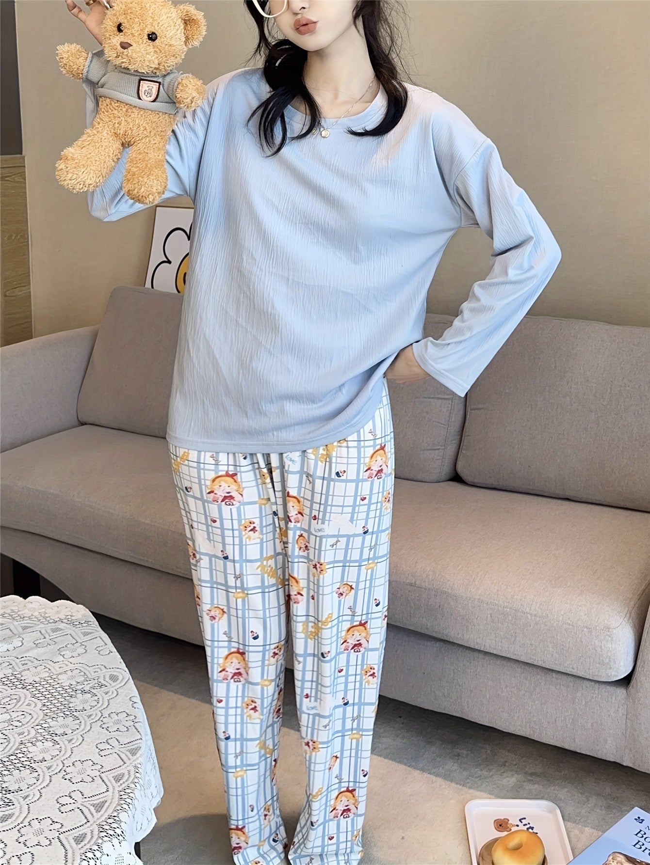 Lady's Long Sleeve, Long Pants, Casual, Cotton, Cartoon Print, No Belt, Spring/Autumn, Adult, Knit Fabric, Round Neck, Nine Inch Pants, Pajama Set