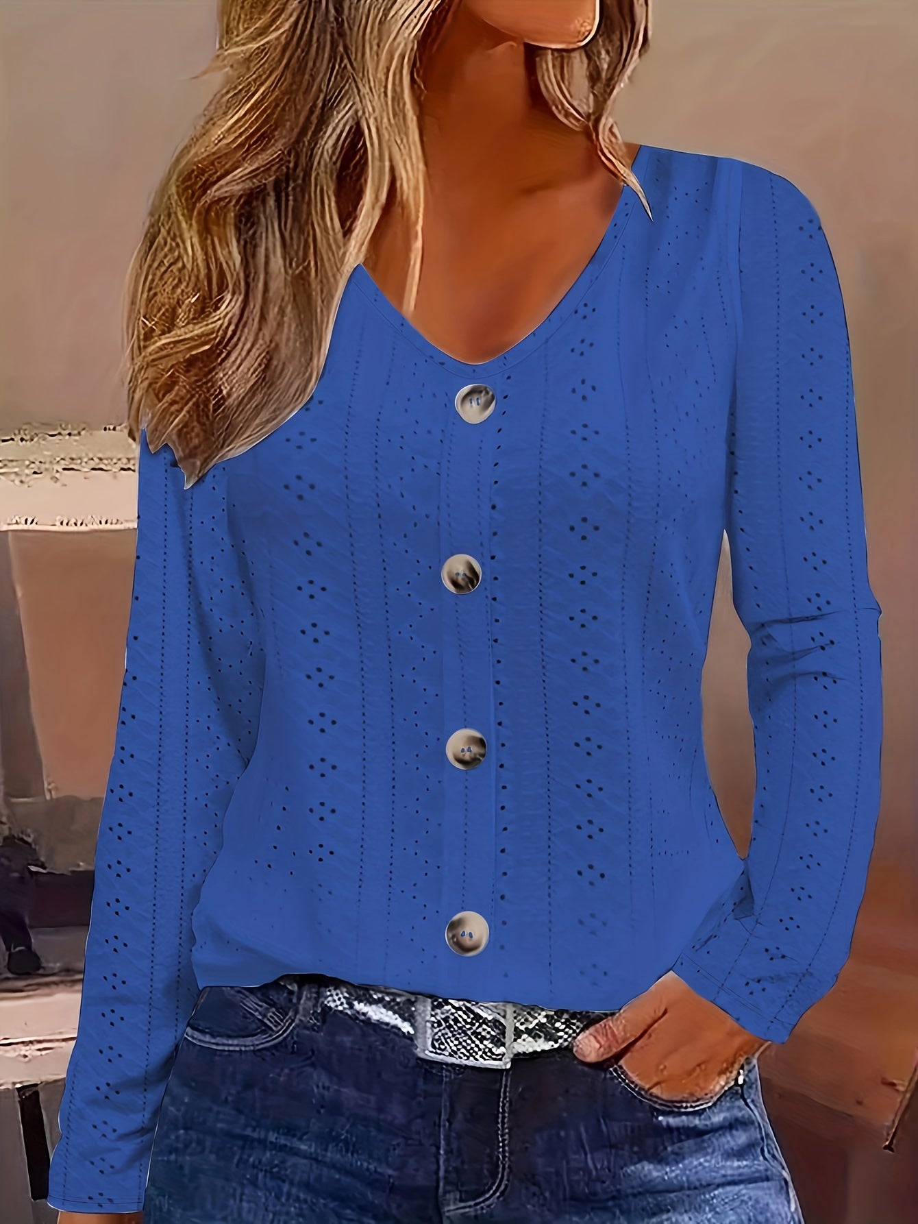 Women's Solid Color Jacquard V-neck Buttons Long-sleeved Top