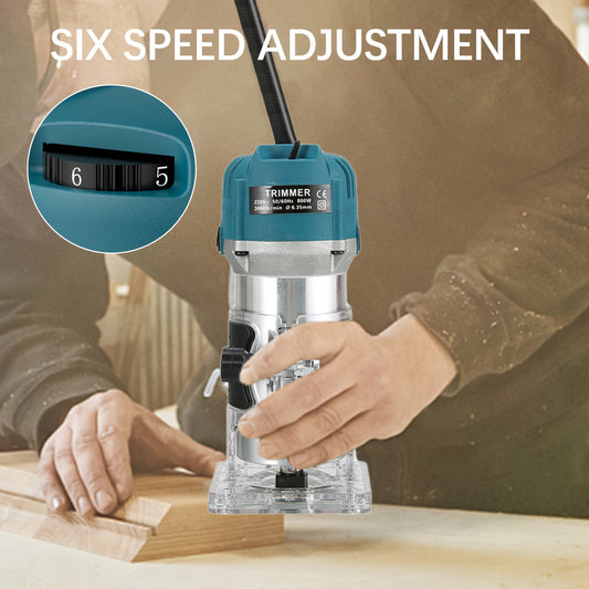 1.25HP Electric Trim Router With 6.5Amp Motor, 6 Variable Speeds, And 1/4" & 3/8" Collets For Precision Woodworking