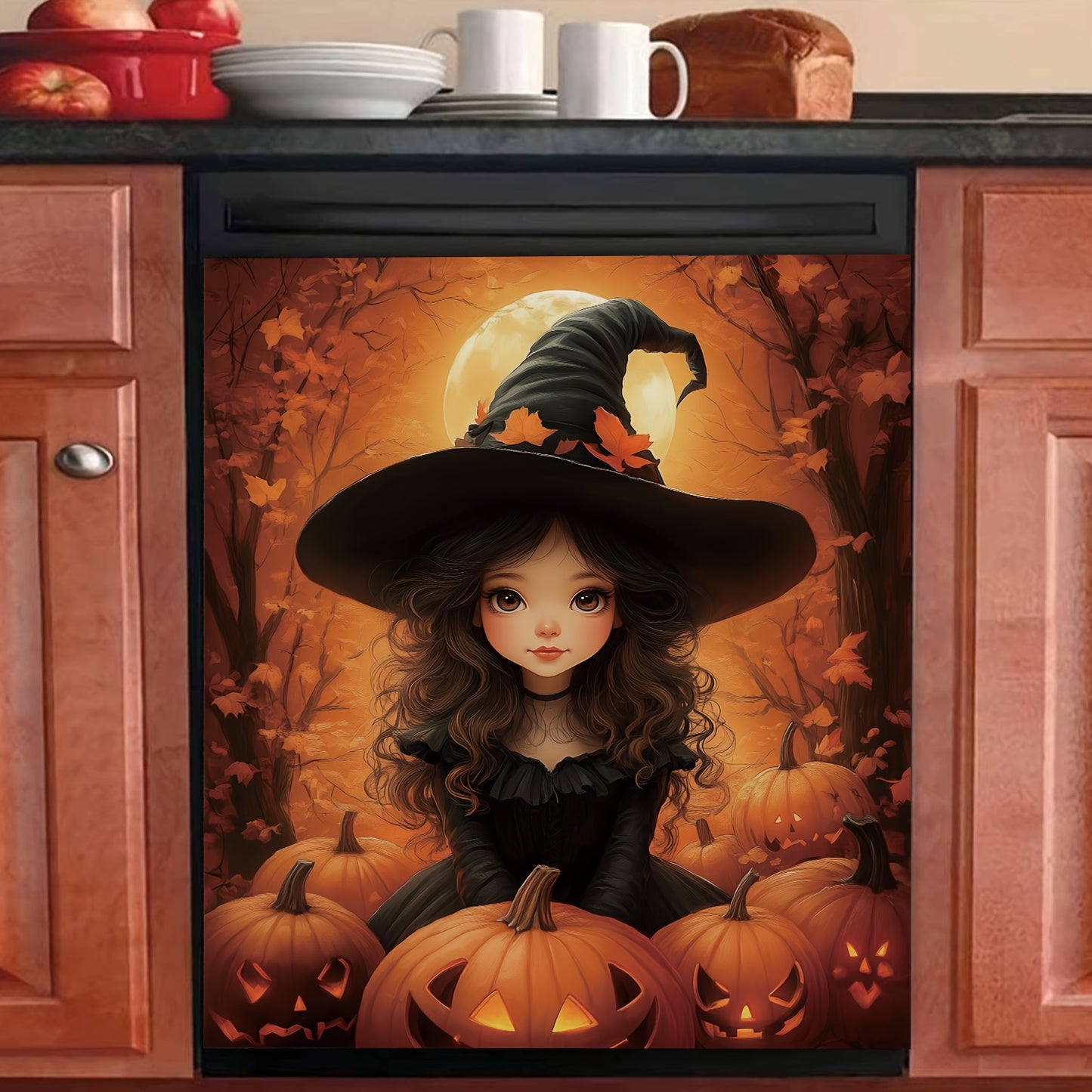 Halloween Witch Refrigerator Magnet - Durable Rubber Rectangle Magnet Sheet for Dishwasher, Oil-Proof & Easy to Clean Kitchen Appliance Decor, Cute Witch & Pumpkin Design, Dishwasher Safe, 23.03x25.59inch