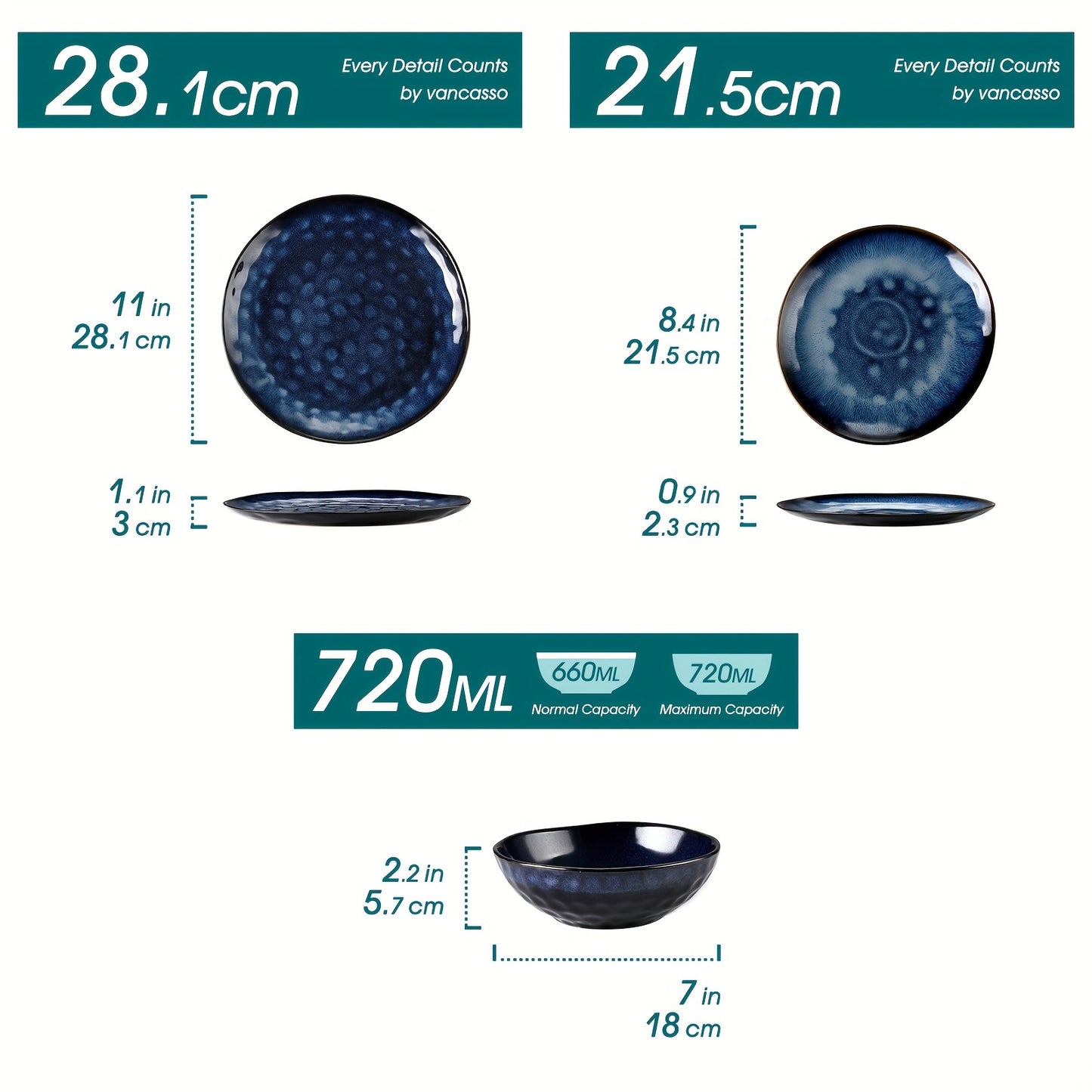 12 Pieces Blue Dinnerware Set, Reactive Change Glaze Dinner Set, Plates And Bowls Set