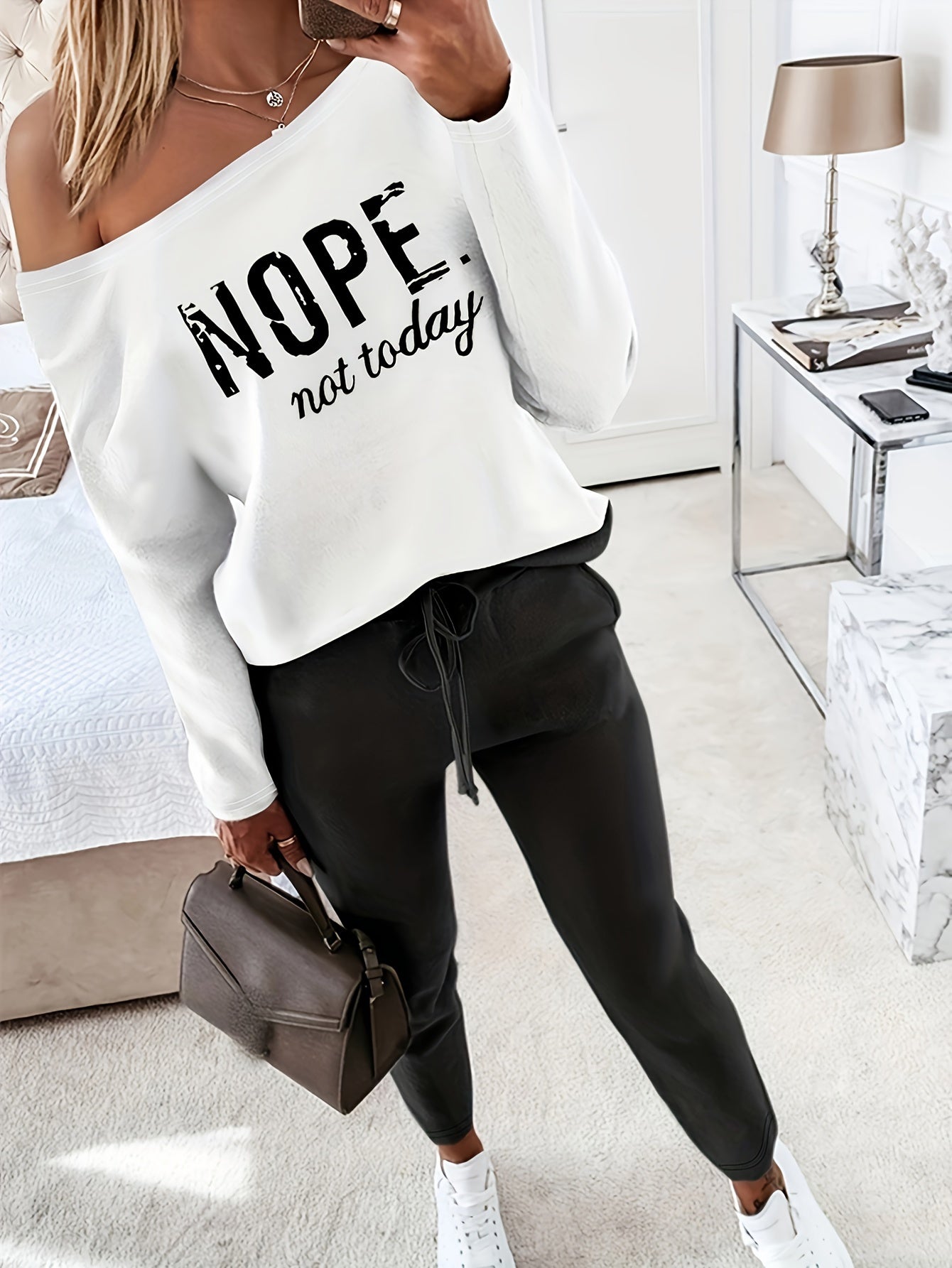 Two Piece Sets Women Round Neck Solid Casual Full Sleeve Tops Splice Straight Long Pants Set Lace Up Waist Autumn Winter