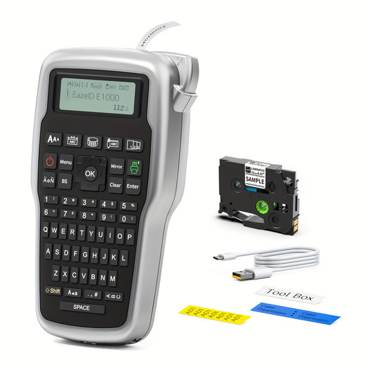 EazeID E1000 Portable Label Maker with QWERTY Keyboard - Industrial-Grade Sticker Printer for Office Organization, Cable Management & Storage - Includes Durable White Tape, Dual Power Options (USB/Battery), Easy Customization