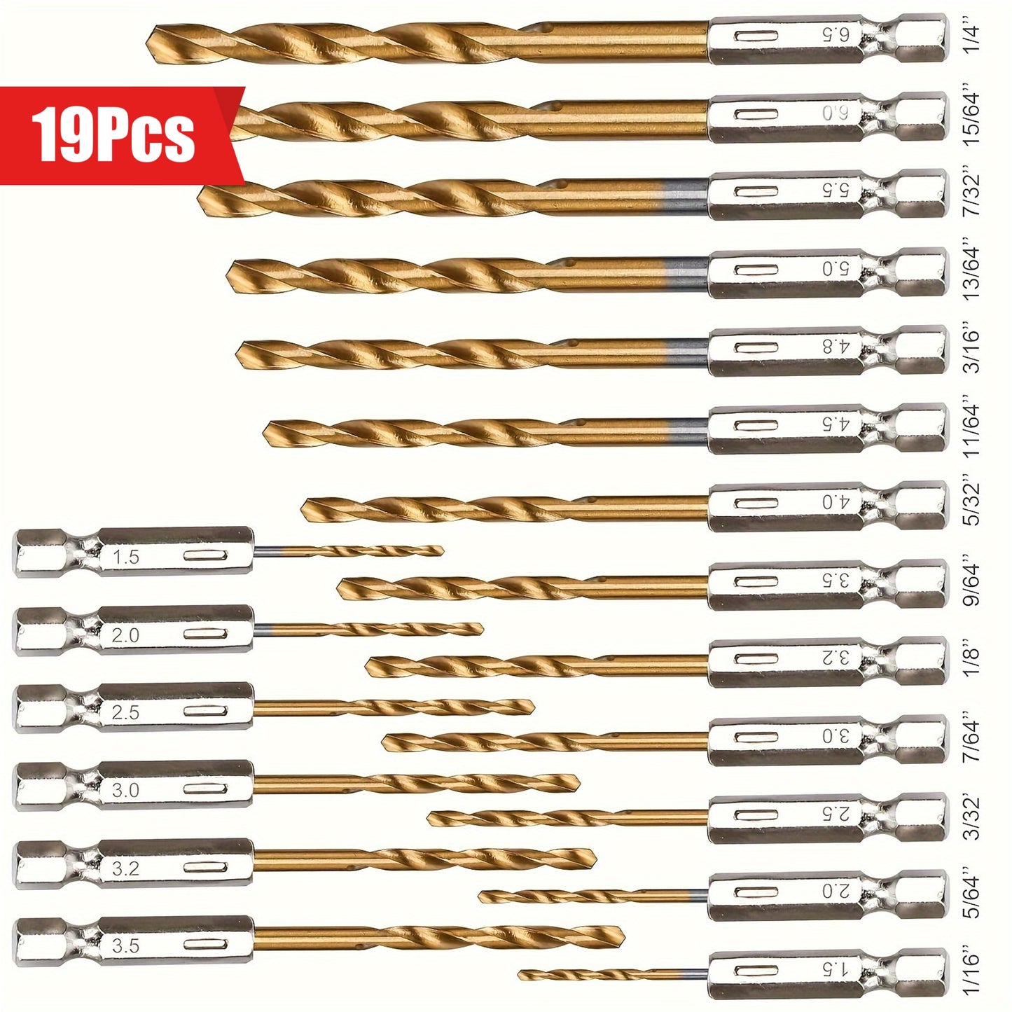 19pcs Titanium Coated Drill Bit Set (1/16"-1/4") With Hex Shank - Quick Change, 135° Tip For Wood, Soft Metal & Plastic