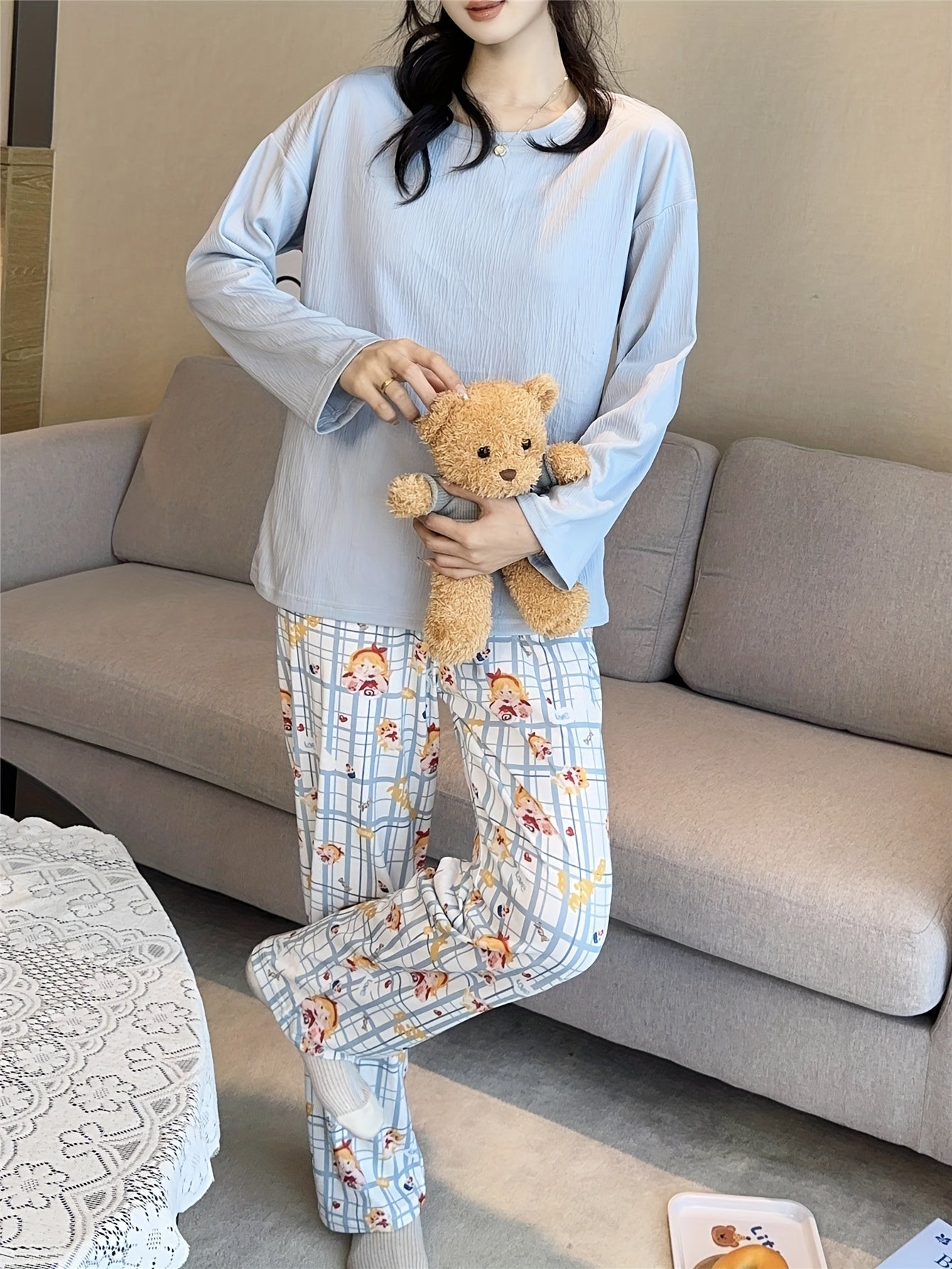 Lady's Long Sleeve, Long Pants, Casual, Cotton, Cartoon Print, No Belt, Spring/Autumn, Adult, Knit Fabric, Round Neck, Nine Inch Pants, Pajama Set