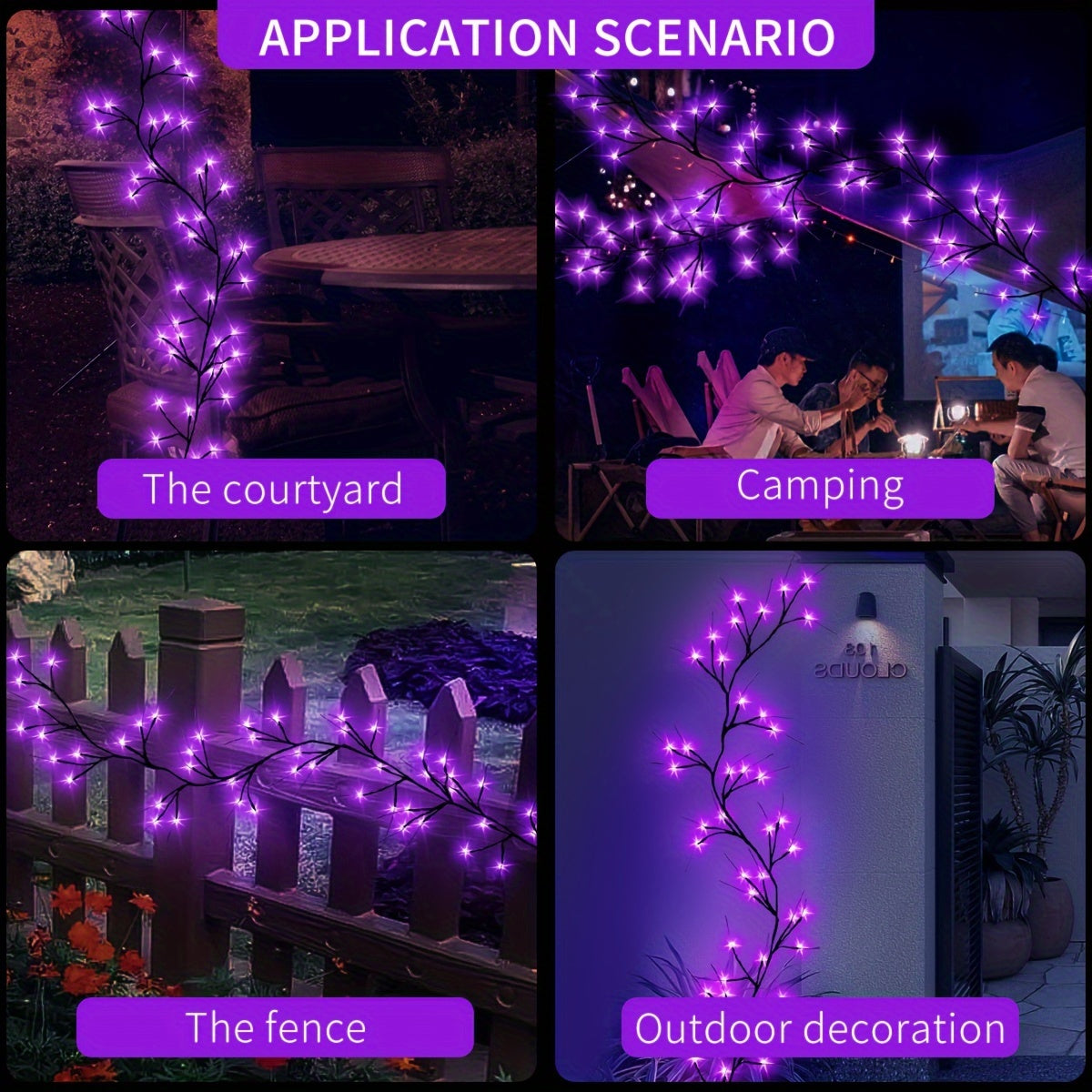 Festive Halloween Willow Vine Purple Lights: 1.7M/5.6FT USB-Powered Indoor/Outdoor Wall Decor, 48 LED Lights, Perfect for Halloween, Valentine's Day, Birthday Parties, and More