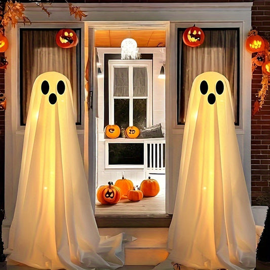 Halloween Ghost Decorations (Set of 2) with LED Lights, AA Battery-Operated, Plastic Outdoor Yard Garden Decor, Easy Assembly, Seasonal Spooky Ambience for Halloween, Christmas, Easter, New Year - Batteries Not Included