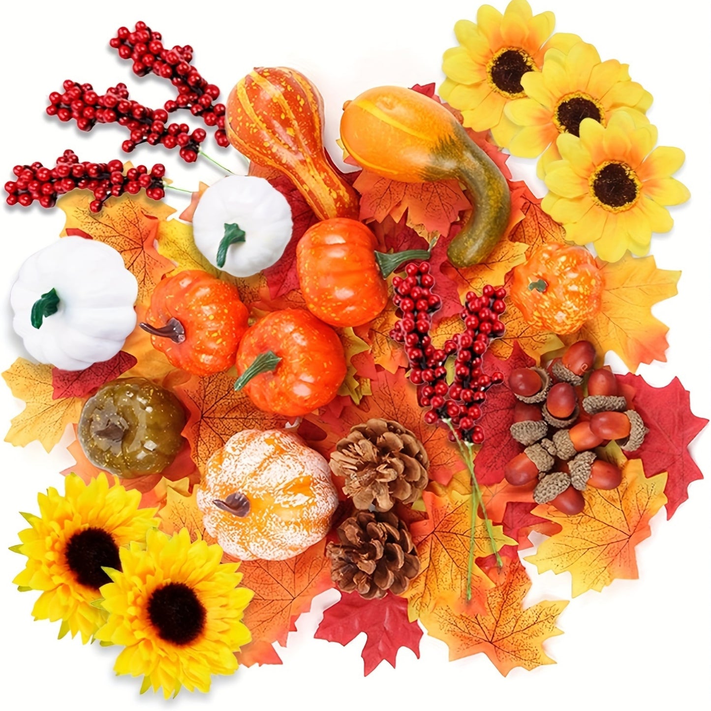 96 Piece Classic Style Autumn Decor Set - Plastic Faux Pumpkins, Gourds, Sunflowers, Acorns, Maple Leaves - Versatile Tabletop Decorations for Halloween, Thanksgiving, Christmas, Easter, New Year