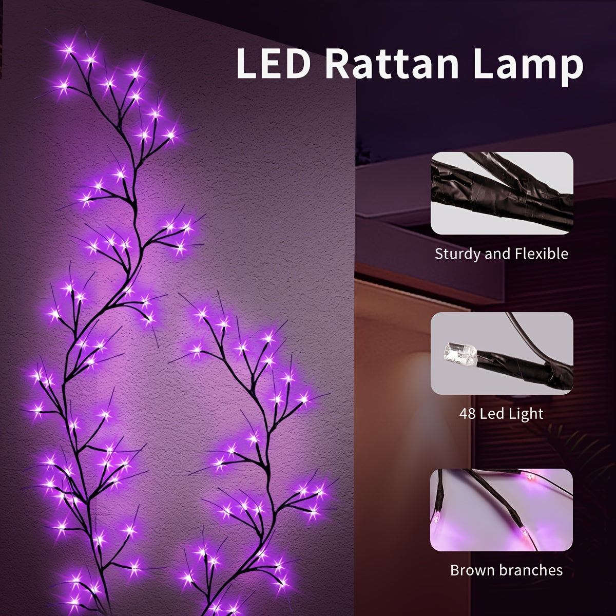 Festive Halloween Willow Vine Purple Lights: 1.7M/5.6FT USB-Powered Indoor/Outdoor Wall Decor, 48 LED Lights, Perfect for Halloween, Valentine's Day, Birthday Parties, and More