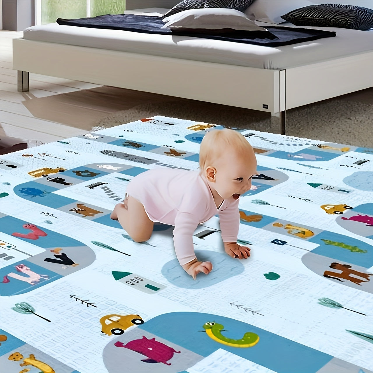 AJUMKER Baby Game Pad Is Foldable, Double-sided Crawling Pad 200x180 * 1.5cm, Children's Portable Pad, Anti Slip Reversible Large Activity Game Pad, Suitable For Indoor And Outdoor Use, 78X70 X0.6Inches, Convenient Storage, Easy Cleaning, Durable