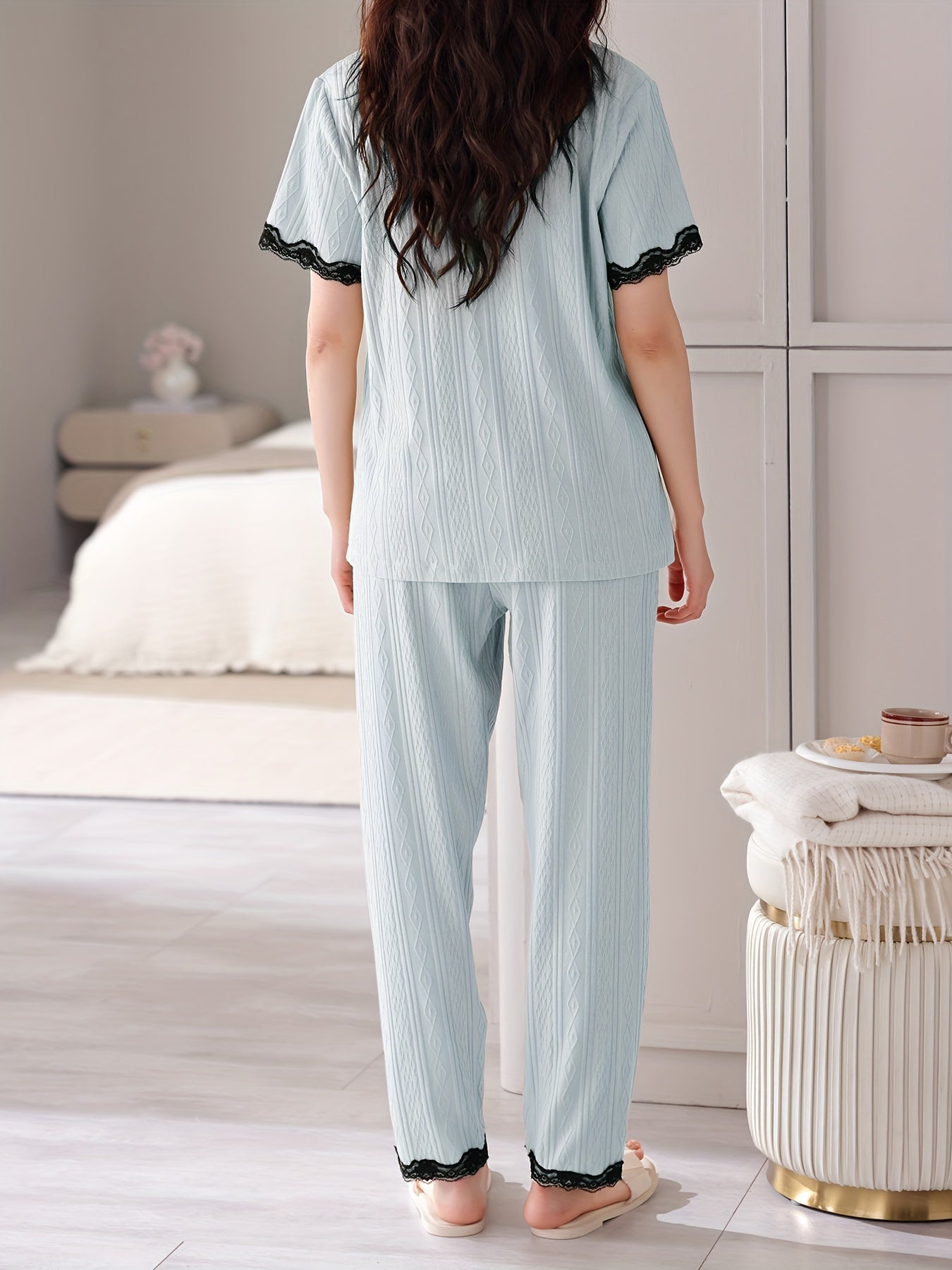 Women's Elegant Solid Jacquard Lace Trim Pajama Set, Short Sleeve Buttons Lapel Top & Pants, Comfortable Relaxed Fit