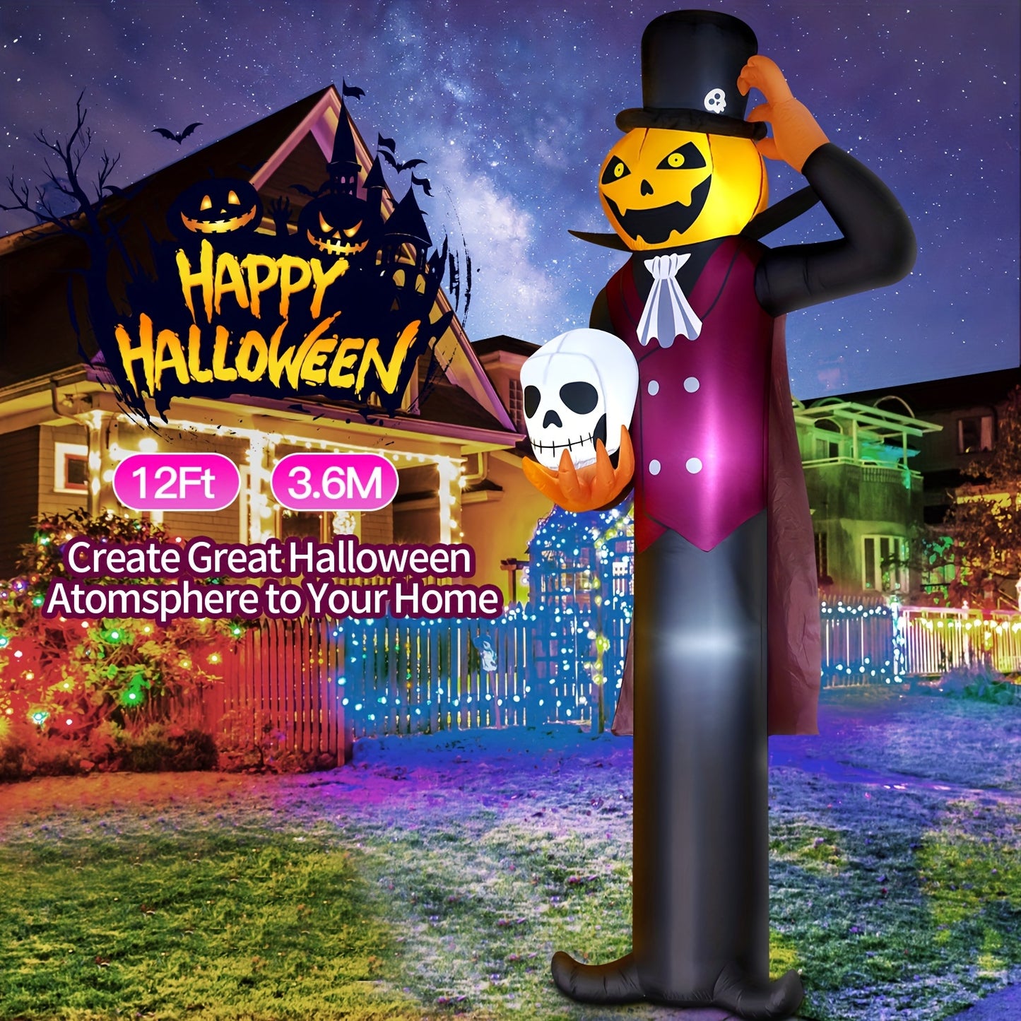 12FT/3.6m Giant Halloween Inflatables Decorations Pumpkin Ghost Holding Skull Built-in LEDs Blow Ups Yard Decoration Outdoor Large Huge Pumpkin Spooky Inflatable For Holiday Party Lawn Garden Indoor