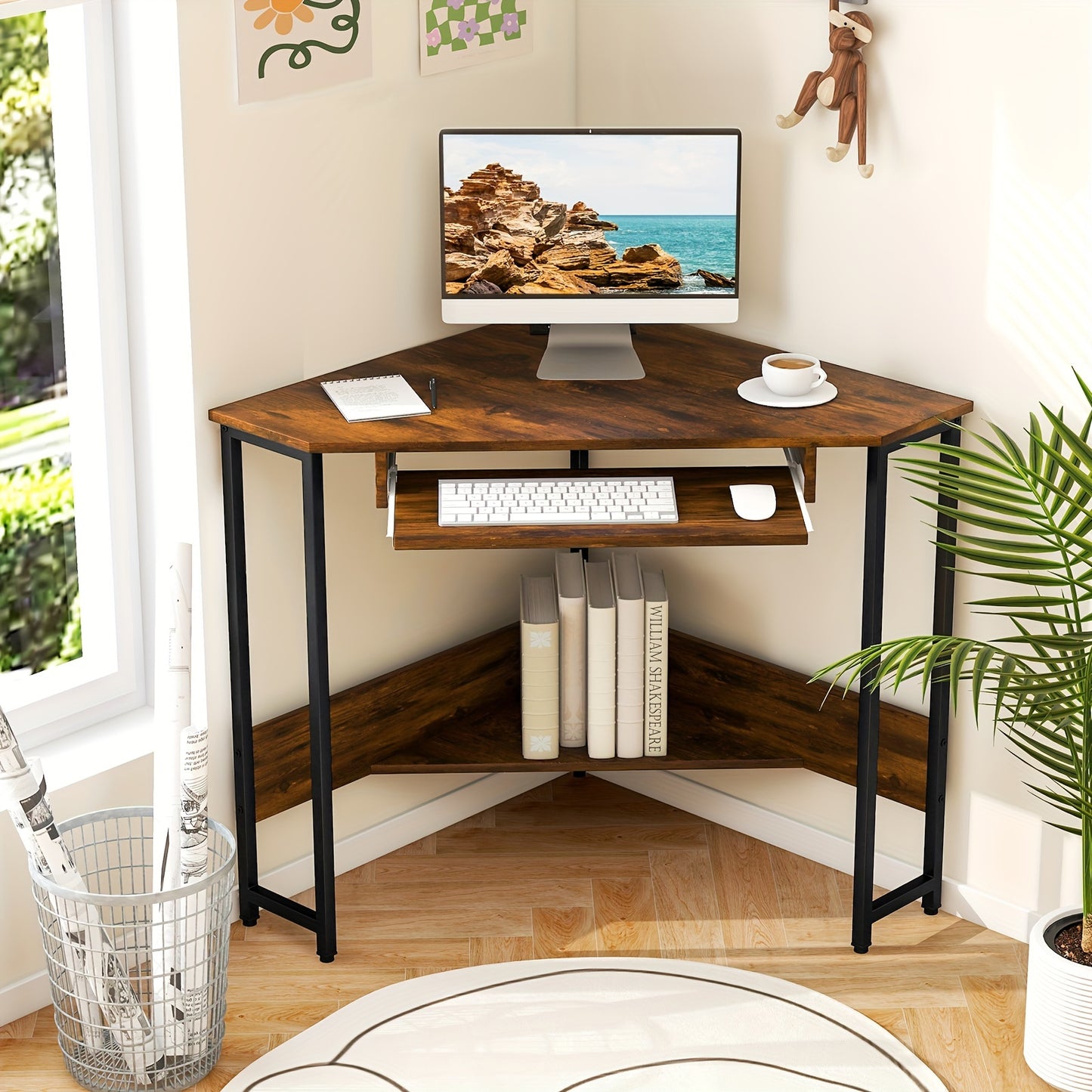 COSTWAY Triangle Corner Computer Desk W/ Charging Station Keyboard Tray & Storage Shelf