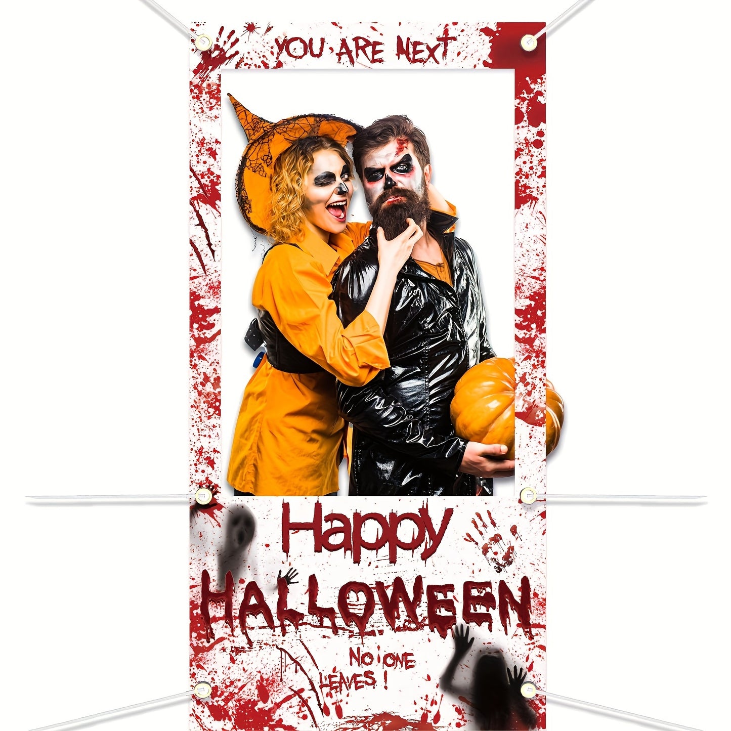 Spooky Halloween Photo Booth Banner - Polyester Bloodstained Handprints Theme - Versatile Hanging Decor For Scary Parties - Ghostly 'Happy Halloween' Door Curtain - No Power Needed