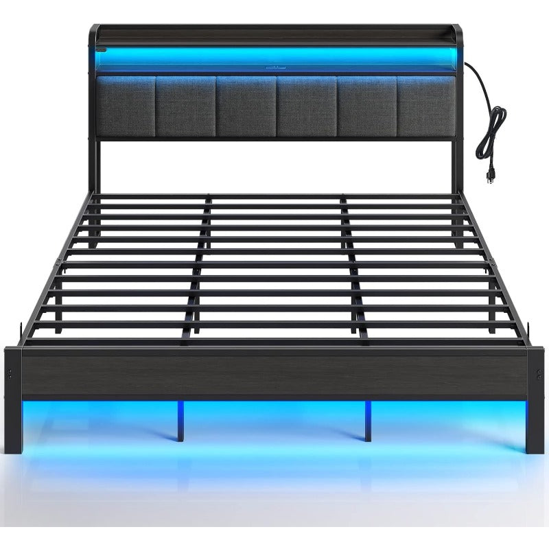 Queen Bed Frame with LED Lights Upholstered Headboard Charging Station Storage Shelves Heavy Duty Metal Slats No Box Spring