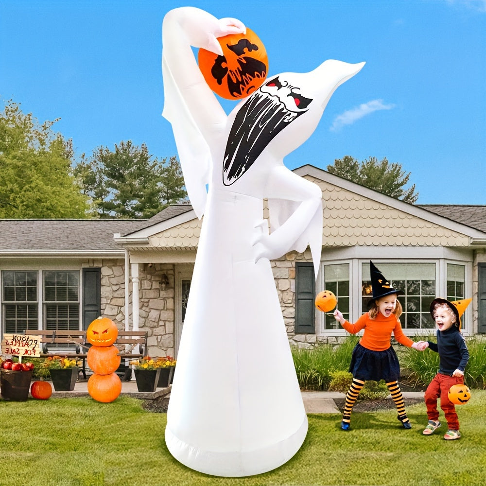 KOOY 10 FT Halloween Inflatables White Ghost With Red Eyes Eat Pumpkin Decoration With Led Light Halloween Inflatables Outdoor Decorations Blow Up Inflatables For Halloween Holiday Party Yard Garden Decor