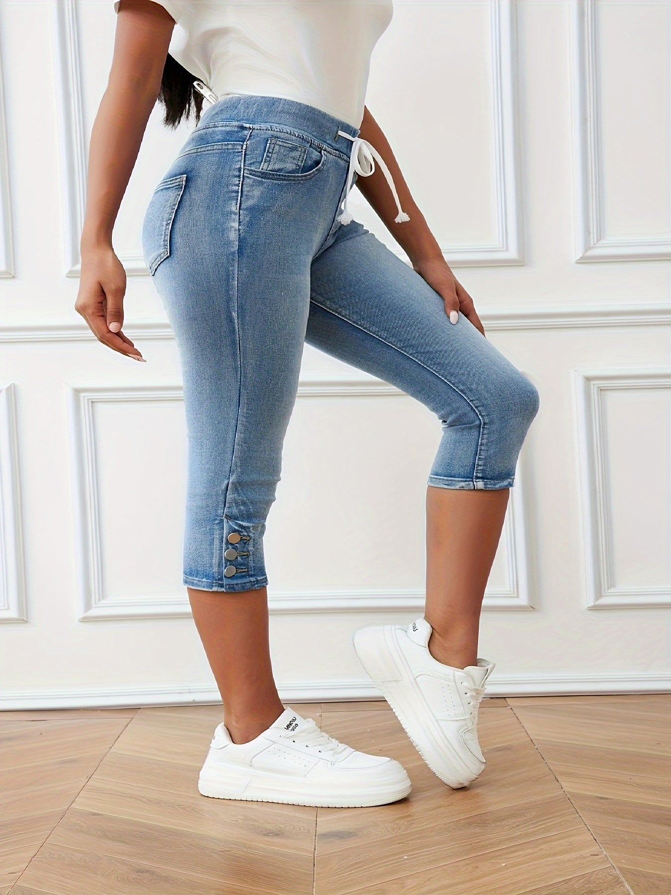 Women's Casual Jeans Elastic High Waist Drawstring Ties Jeans With Pockets Slimming Fit Stretch Cropped Pants For Female