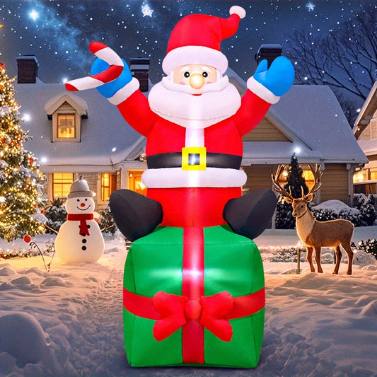 KOOY 6FT Christmas Inflatables Santa Claus Sitting On Gift Box, Christmas Blow Up Yard Decoration, LED Lights For Christmas Party Holiday Xmas, Outdoor Lawn Décor Christmas Decoration