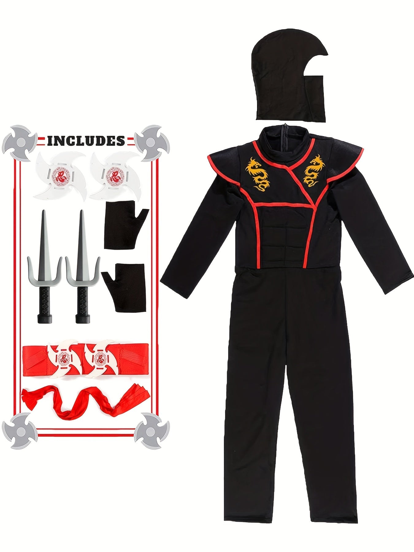 Deluxe Ninja Costume Set for Boys, Muscle Ninja Outfit with Geometric Pattern, Halloween Role-Play, Polyester Spandex Blend, Over 3 Years Old