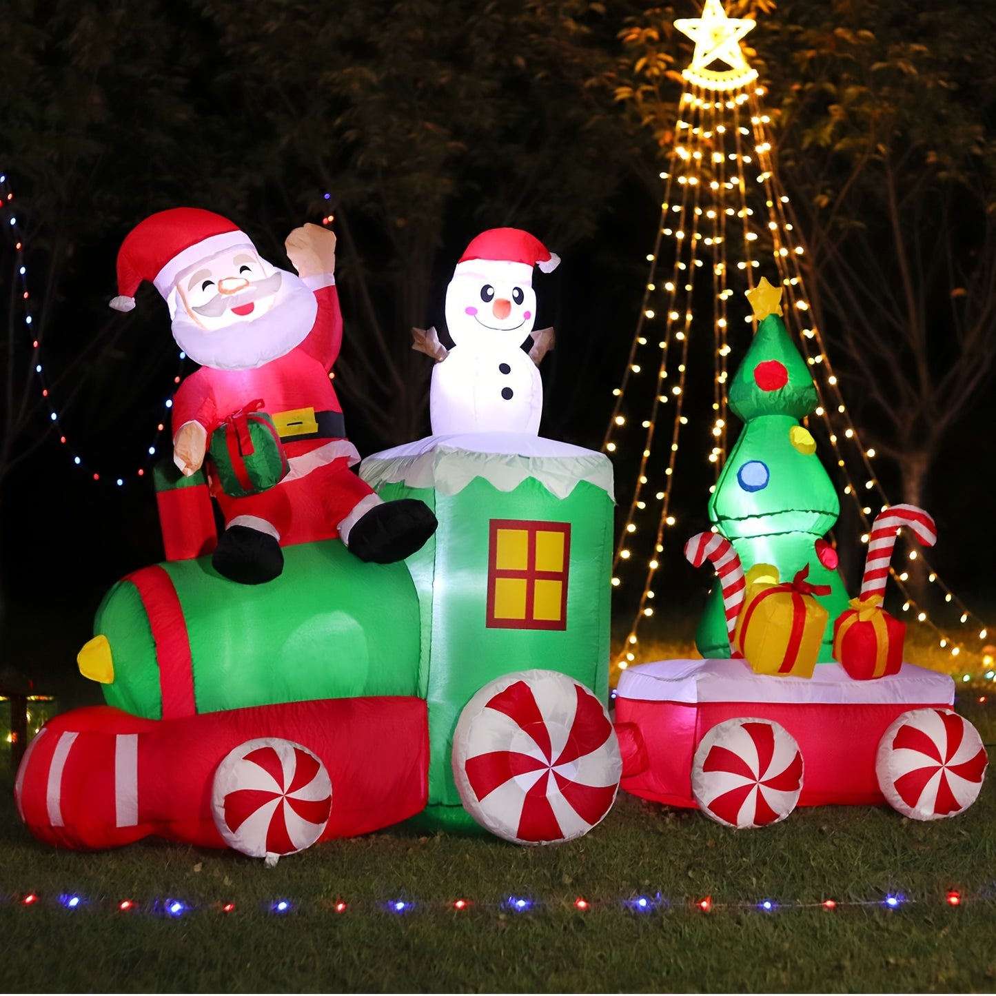 DomKom Chritmas Inflatable Decorations, 6ft Blow Up Santa Snowman And Tree On Train With LEDs Outdoor Décor For Yard Lawn Outside Party Festival Celebration