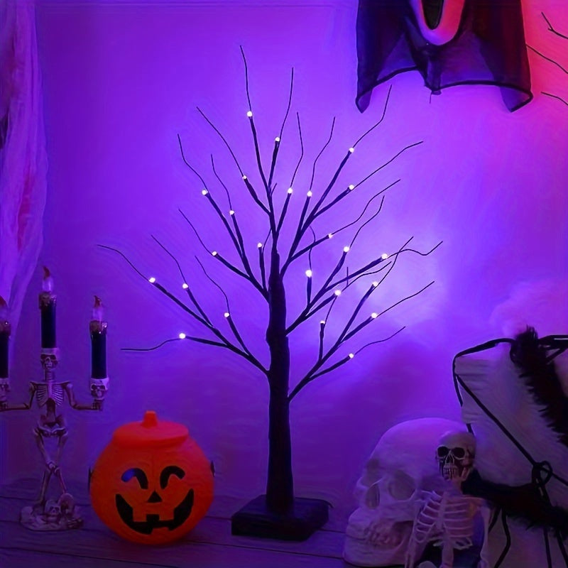 2 Pack, Halloween Party Decoration Artificial Tree Lights, Purple And Orange 24 LED Lights, 18 Mysterious Tree Light Accessories Comes With Random Gift, Powered By AA Batteries And USB