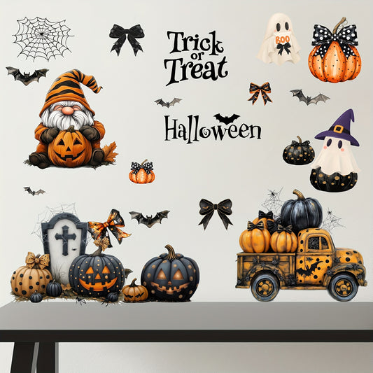 Vinyl Halloween Wall Decals Set - Gnome Pumpkin Stickers, Bat Clings, Ghost & Vintage Truck Decor for Home, Haunted House, and Party Decoration