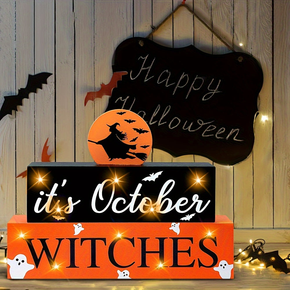 LED-Lit Halloween Wooden Sign - 'It's October Witches' Glowing Centerpiece, Battery-Powered Tabletop Decor for Home