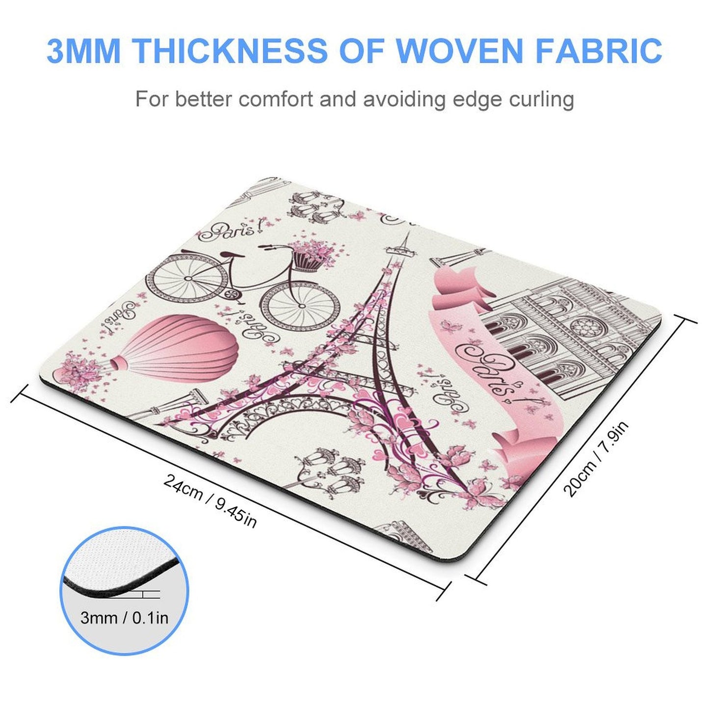 Love Paris Vintage Floral Eiffel Mouse Pad Thickened 9.45 * 7.9 Inches 3mm Thick Computer Anti-skid Rubber Mouse Pad