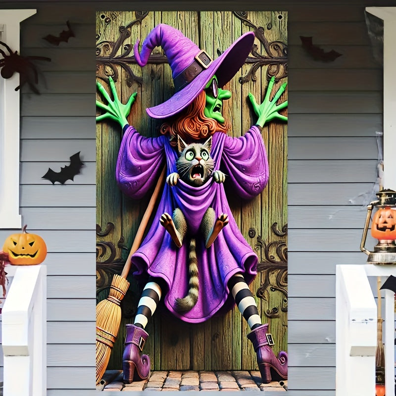 Halloween Witch and Black Cat Door Cover – 100% Polyester Hanging Banner for Home and Party Decor, Multipurpose Use, No Electricity Needed, by HEGO – 35.43 x 70.86 Inch, Holiday Party Supplies for Indoor Multipurpose Decoration