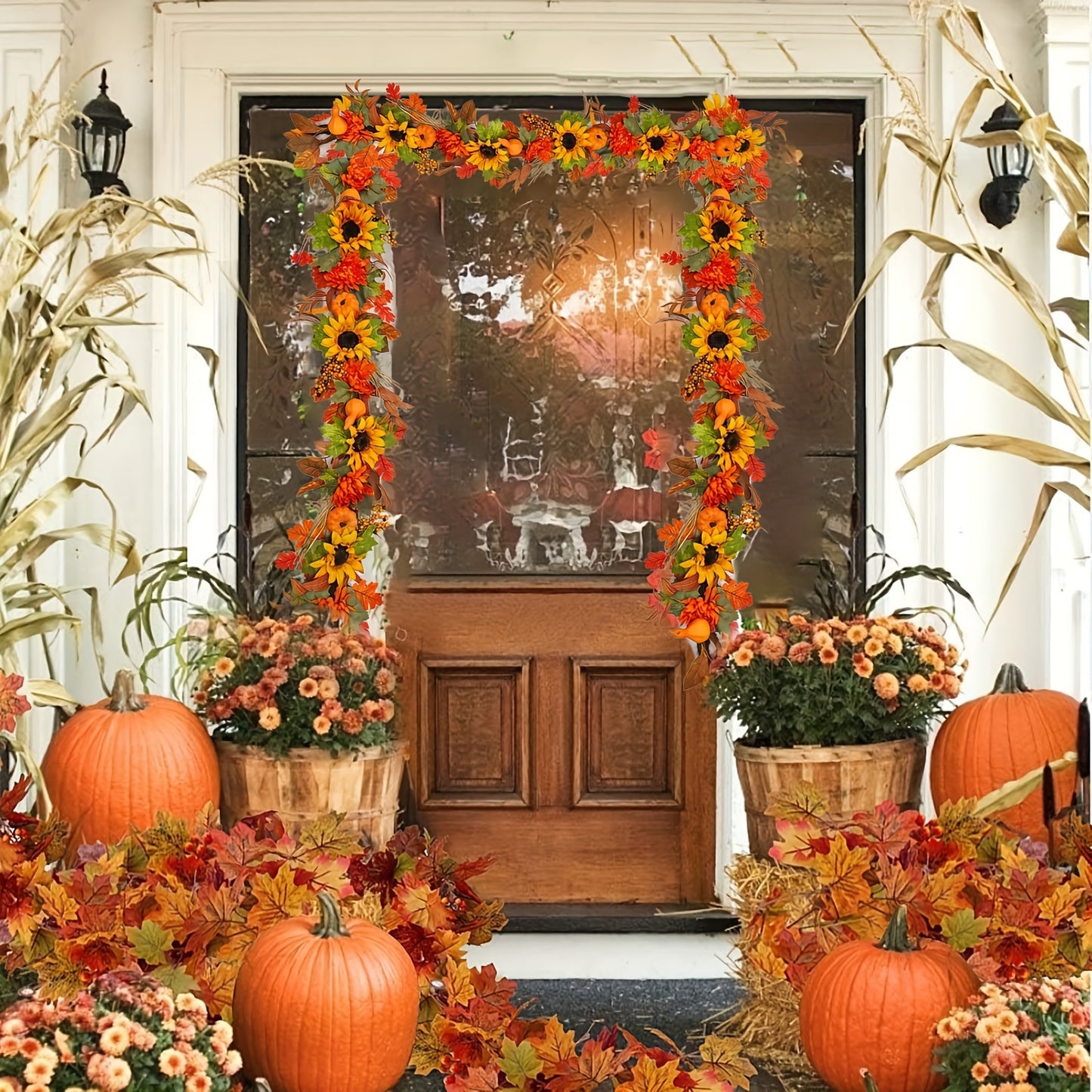 Festive 150cm/59.05inch Autumn Door Hanging: Thanksgiving Pumpkin & Sunflower Garland - No Feathers, Plastic Material, Suitable for Door Installation, Floral Theme, No Electricity Required