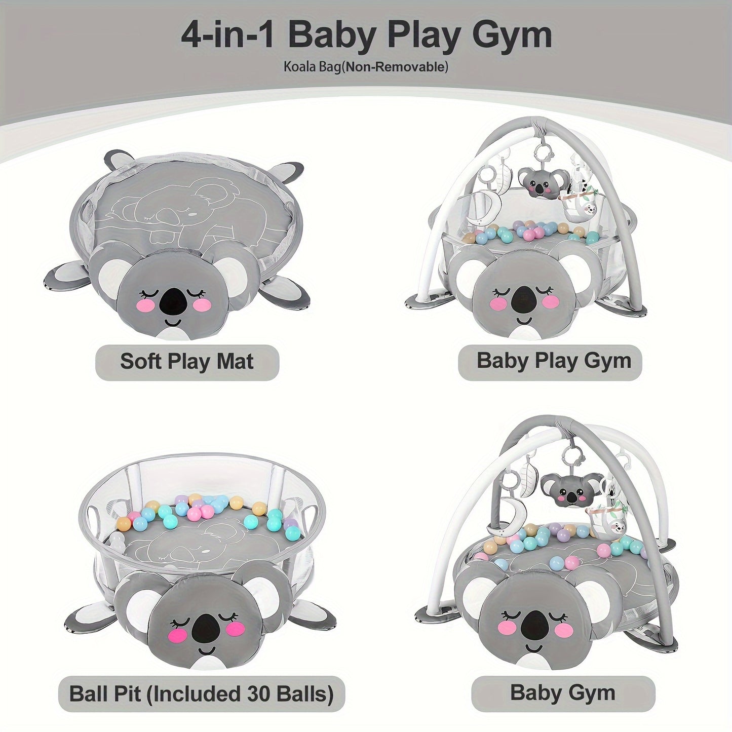 Dearlomum 4 in 1 Baby Play Mat Baby Gym, Tummy Time Mat for Floor Activity Fitness Ball Pit for Newborn Toddler Development Motor Cognition Boys and Girls Halloween Christmas Gifts