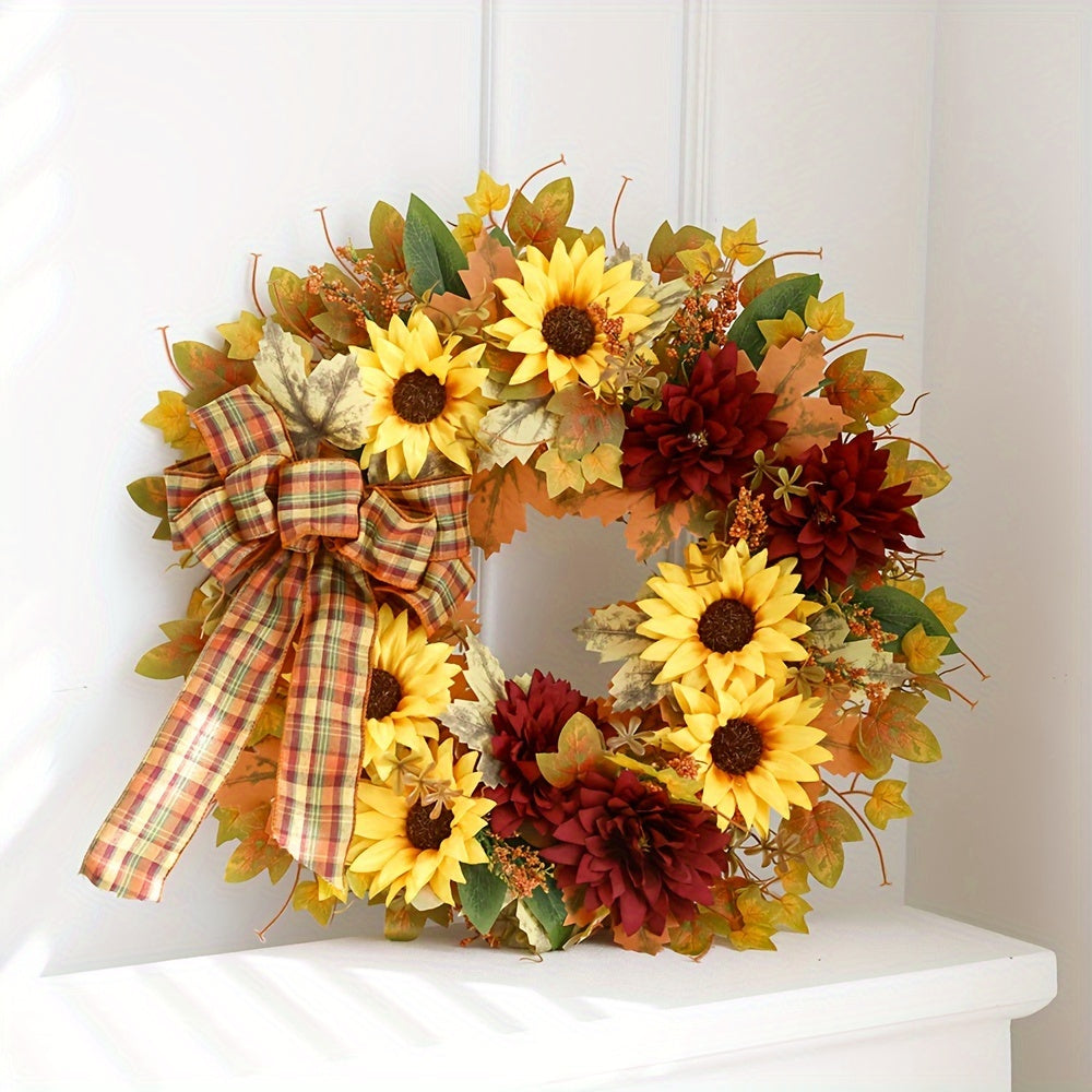 Autumn Harvest Wreath: Classic Sunflowers and Leaves Door Decor, No Feathers, Battery-Free